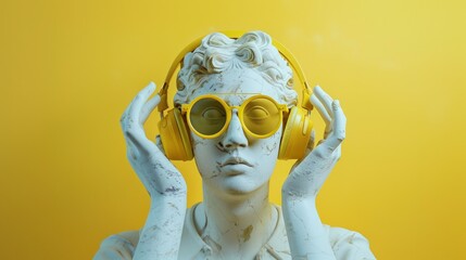 Bust of an ancient Greek stone statue in a modern concept on a bright pastel background. Sculpture with glasses, headphones, bubble gum for creative advertising.