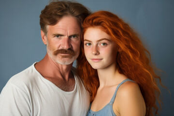 A 40-year-old man in a white t-shirt stands with his red-haired daughter with long hair against a dark blue background, both smiling at the camera - 742440094