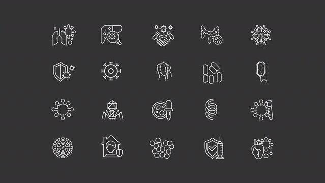 Animated microorganisms white icons. Microbiology line animation library. Infectious agent. Contagious viruses. Isolated illustrations on dark background. Transition alpha. HD video. Icon pack