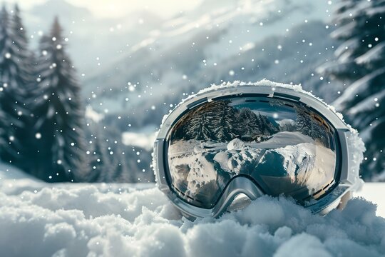 Snowy mountain landscape reflected in ski goggles on winter day outdoors. Concept Snowy Mountains, Ski Goggles, Winter Day, Outdoor Photography