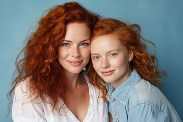 A 40-year-old woman and her 15-year-old red-haired daughter standing together against a blue backdrop, both with long hair, looking into the camera. - 742440408