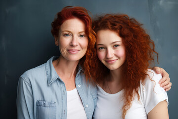 Portrait of a 40-Year-Old Woman and her Daughter Standing Together Against Dark Background - 742440432