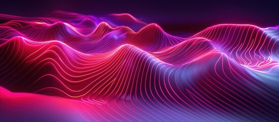 Neon glowing lines, waves, circles. Bright, purple, abstract background for advertising music, radio, speed, technology. - 742440473