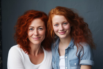 Confident 40-Year-Old Woman and her Joyful 20-Year-Old Redhead Daughter Embrace the Essence of Family Love Against a Dark Background with Copy Space, Both Gazing into the Camera. - 742440677