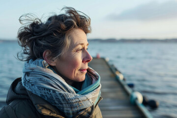 40-year-old woman wearing jacket and scarf stands by pier contemplating the sea. - 742440849