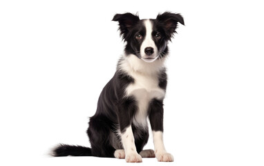A black and white dog is calmly seated on the ground. on a White or Clear Surface PNG Transparent Background.