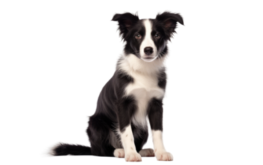 A black and white dog is calmly seated on the ground. on a White or Clear Surface PNG Transparent Background.