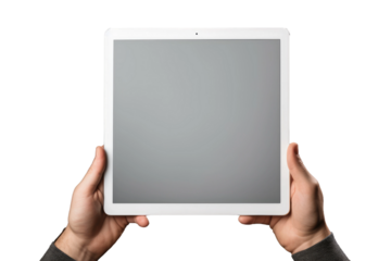 A person holding a tablet in their hands, using it to interact with digital content. on a White or Clear Surface PNG Transparent Background.