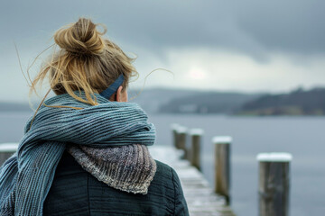 Gazing at the Sea: Woman in Oversized Scarf Standing on Pier - 742441683