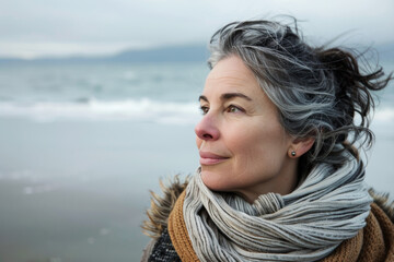 Tranquil Middle-aged Woman Smiling by the Seaside - 742441803