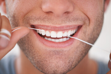Dental, floss and closeup of man with teeth whitening, fresh breathe and cavity prevention for...