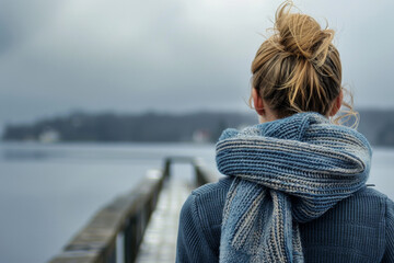 Woman in Large Scarf Contemplating the Vast Sea from a Pier