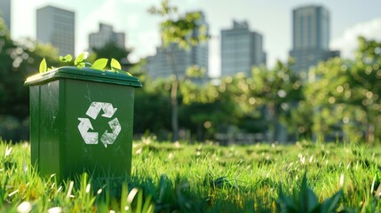 Recycling bin on green city background.Recycle concept. - obrazy, fototapety, plakaty
