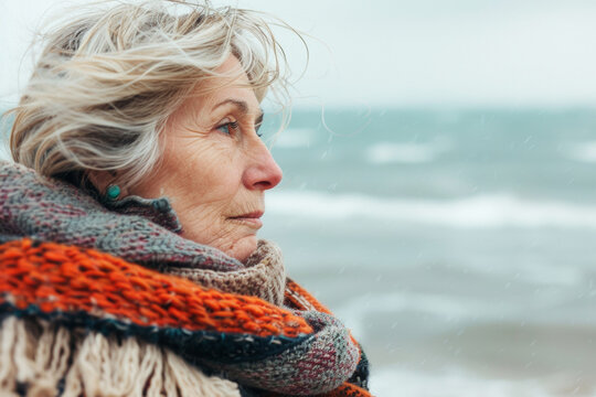 Senior Woman Battling Cold by the Sea: Contemplative Moment