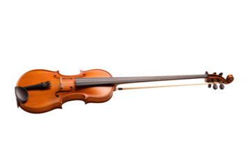 A violin is positioned showcasing its elegant design and craftsmanship. on a White or Clear Surface PNG Transparent Background.