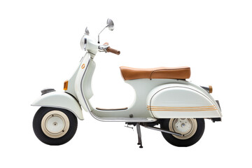 A white scooter with a brown seat parked. on a White or Clear Surface PNG Transparent Background.