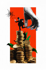 Poster. Contemporary art collage. Hand holds businessman in retro outfit on huge stack of coins...