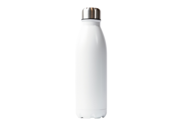 A white water bottle with a silver lid sitting on a table. on a White or Clear Surface PNG Transparent Background.