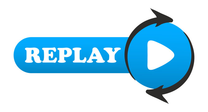 Red replay button. Banner, sign, announcement, advertising, player, video, music, audio, media content, play again, watch, listen, control, pause, arrows. Vector illustration
