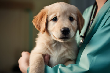 A compassionate veterinarian in scrubs gently cradles a young Golden Retriever puppy during a check-up..
