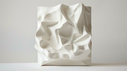 minimalist white sculpture with smooth curves sits atop a simple wooden table in a brightly lit room