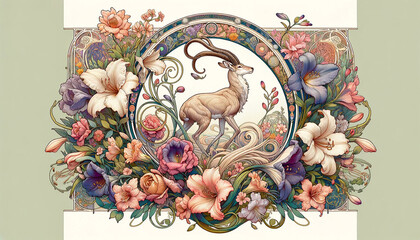 The animal should be elegantly integrated into the scene, embodying the graceful and ornamental qualities of the Art Nouveau movement.