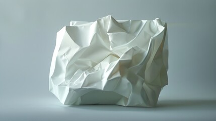 abstract white sculpture made of paper or plaster rests on a wooden table against a white wall