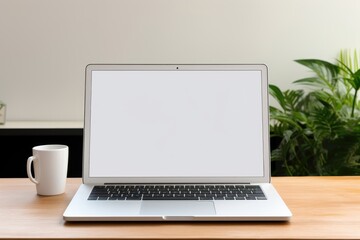Fototapeta premium Advertise media branding with a blank white laptop screen mockup. Media communication technology, network browsing concept, copy space. Mock up in business for advertising, marketing