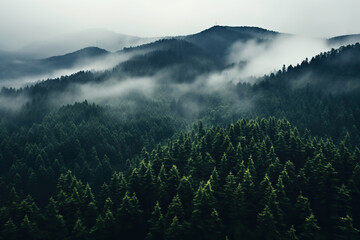 Top view of a misty coniferous forest. Generated by artificial intelligence