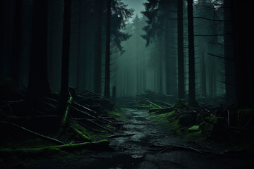 Gloomy and dark forest path in thick fog. Generated by artificial intelligence