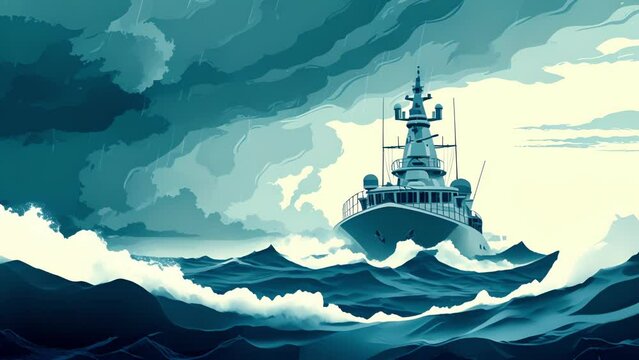 A naval vessel changes course and heads towards a clear patch of sky avoiding a severe storm that looms ahead.