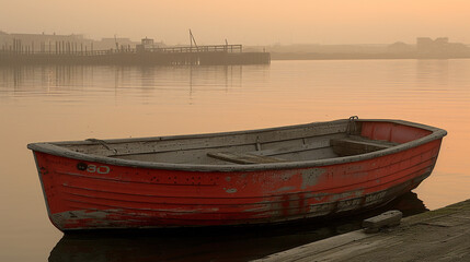 Fototapeta na wymiar Fishing boat on the pier at sunrise in the city