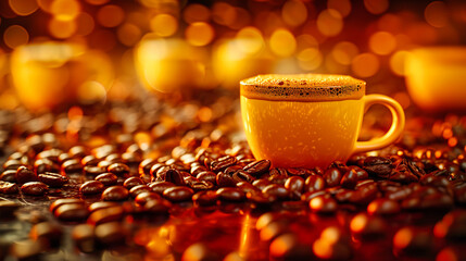 The rich aroma of espresso captured in a close-up, where the dark, velvety brew meets the warmth of morning light