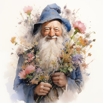 Happy old  man in the blue jacket  holding a flowers,  blue hat with flowers,  white long beard, smiling portrait, white background, art, watercolor painting,  pink wildflowers bouquet 