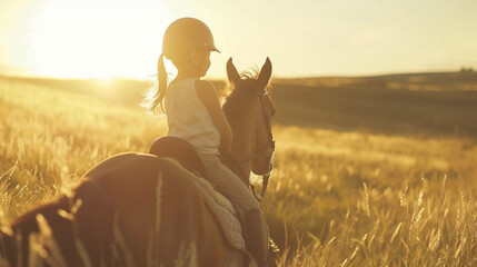 A cute little girl riding a horse in a horseback riding therapy session in a field during sunset