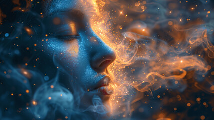 Woman with Blue Glitter Skin and Golden Light Particles