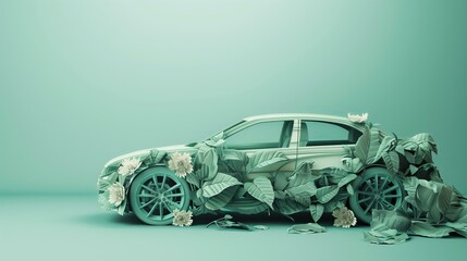 modern car made of leaves and flowers on a mint green background, eco electric car concept
