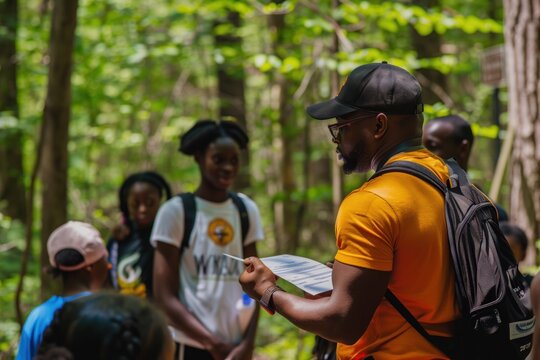 A community outreach program in action, with volunteers and professionals engaging with young individuals in an outdoor setting, offering guidance, support, and educational materials