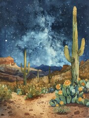 Scorpion shadows under desert stars, night's mystery in watercolor