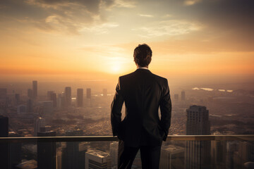 Back view of a businessman on a skyscraper's balcony gazing at the sunrise over a sprawling cityscape..