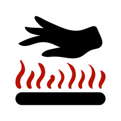 Hand with hot surface. Caution, dont touch, scalding, threat of burning, fire, heat, heating, warning sign, prevention, be careful, scorge, singe, sting, burn. Vector illustration