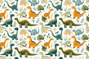 cute orange and green  dinosaur background seamless repeating pattern tile
