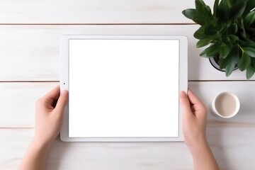 Workspace with Tablet and Plant. Tablet with blank screen next to a potted plant on a white wooden table.