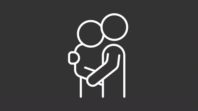 Supporting white line animation. Social help animated icon. Companionship treatment. Health service assistance. Isolated illustration on dark background. Transition alpha video. Motion graphic