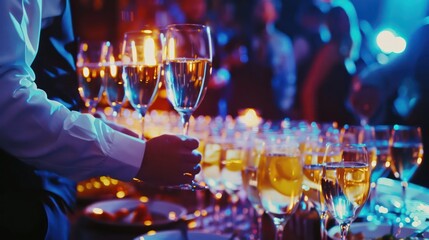 Catering service waiters with wine glasses at the event's buffet table. Capturing the essence of nightlife, celebration, and entertainment. Wide banner format