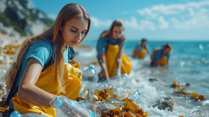 a group of people are cleaning the beach from plastic bottles and seaweed - obrazy, fototapety, plakaty