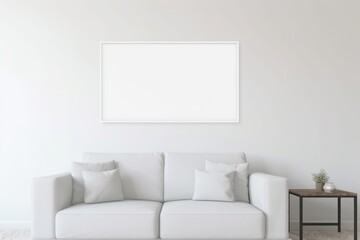 Blank Canvas on Wall in Modern Living Room. White canvas mockup on a clean wall above a cozy couch, in a minimalist living room.