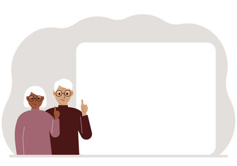 Elderly Man and Woman with Thumbs Up. Activists near the poster.