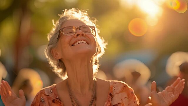 A joyful and carefree moment captured as a group of retirees engage in a laughter yoga class under the sun.