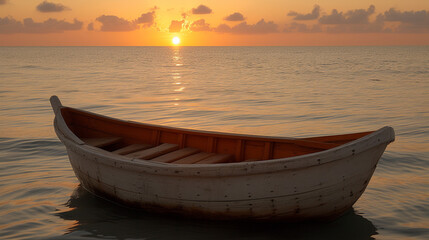 Wooden boat on the sea at sunset.
